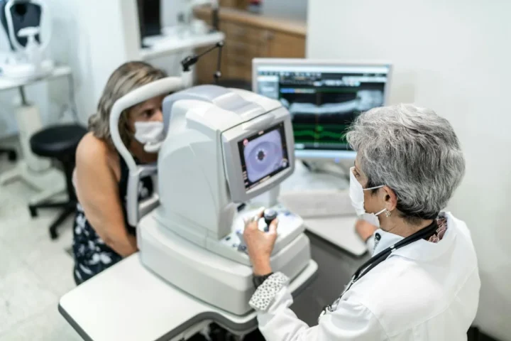 An eye care professional examining a patient with eye equipment.