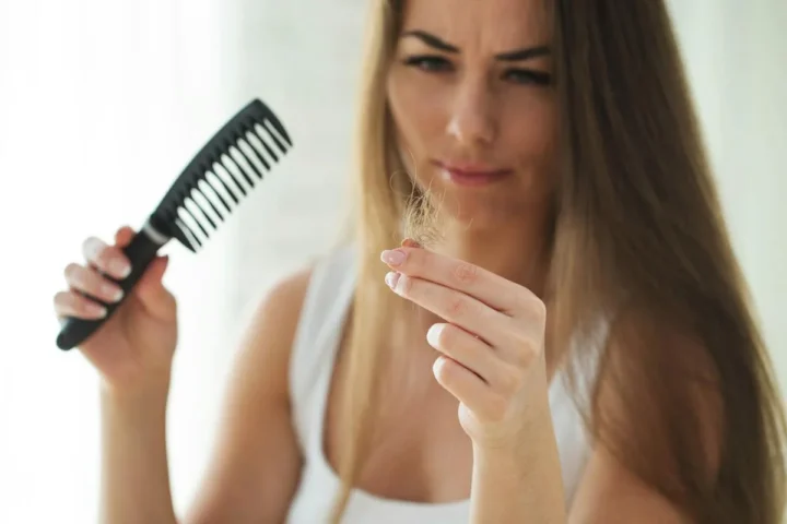 A woman examining hair caught in a brush.