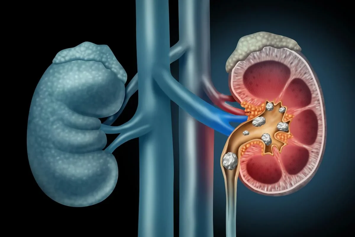 An anatomical illustration showing a kidney and stones in the urinary tract.