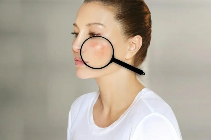 A magnifying glass held in front of a woman's cheek.